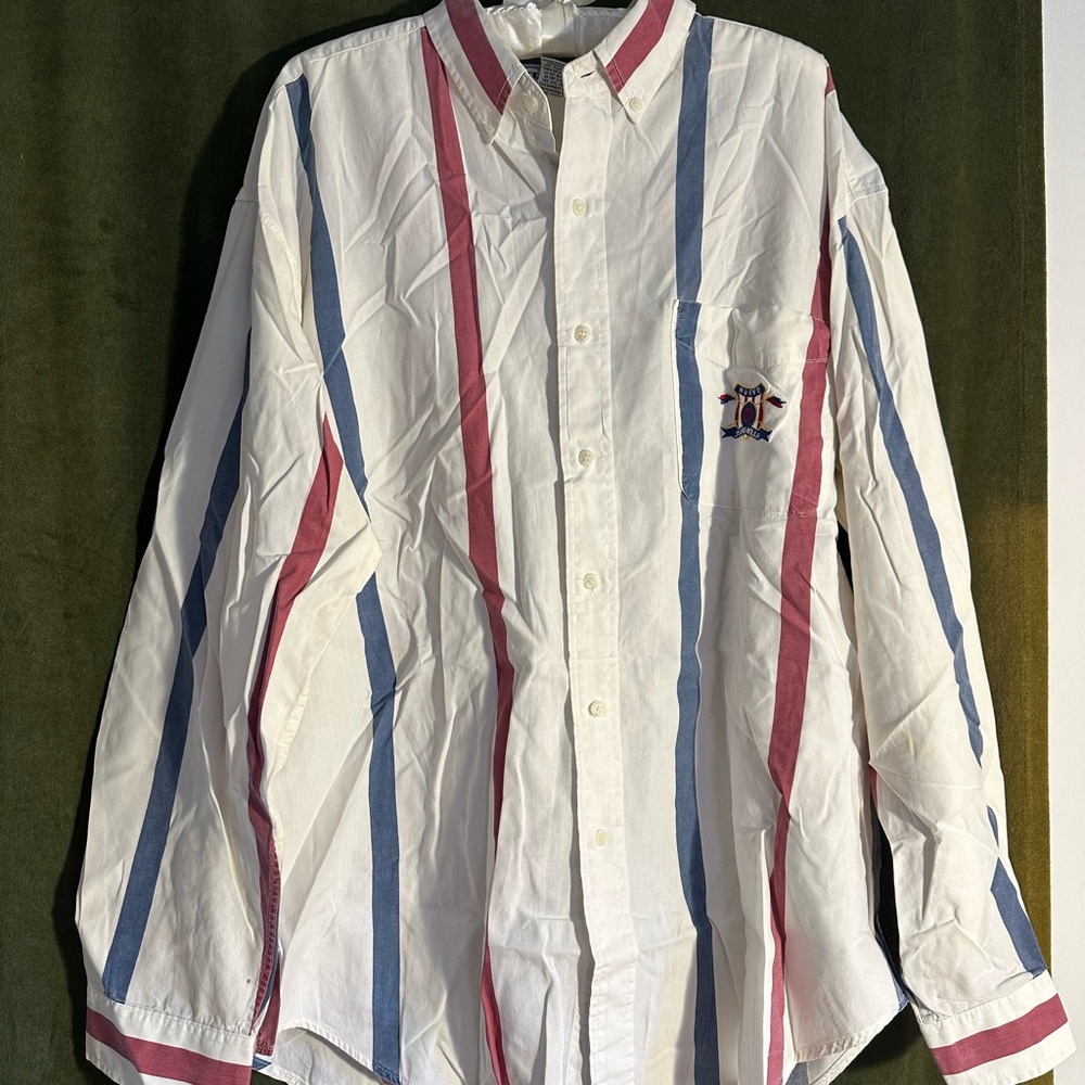 Vintage Men's Striped Shirt - White, Red, and Blue